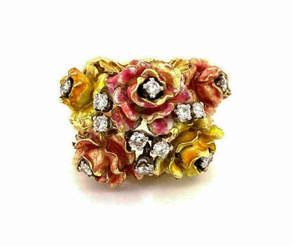 Enamel & Diamonds 18k Yellow Gold Floral Heavy Ring - Size 6