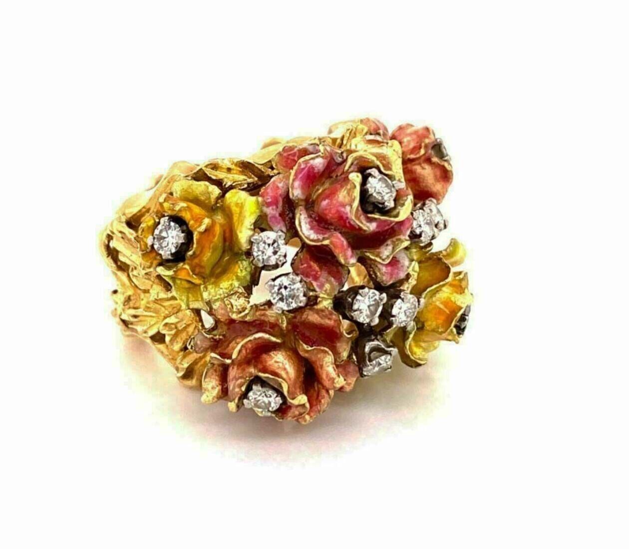 Enamel & Diamonds 18k Yellow Gold Floral Heavy Ring - Size 6