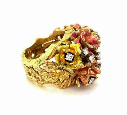 Enamel & Diamonds 18k Yellow Gold Floral Heavy Ring - Size 6