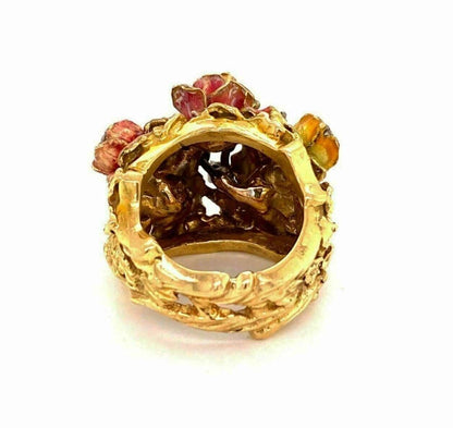 Enamel & Diamonds 18k Yellow Gold Floral Heavy Ring - Size 6