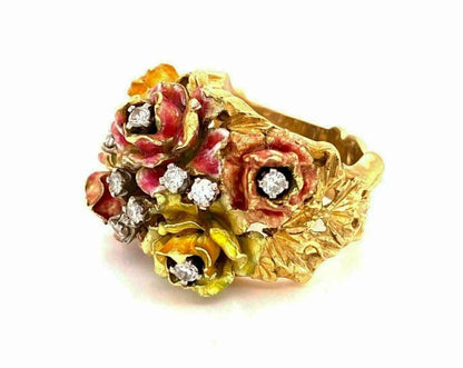 Enamel & Diamonds 18k Yellow Gold Floral Heavy Ring - Size 6