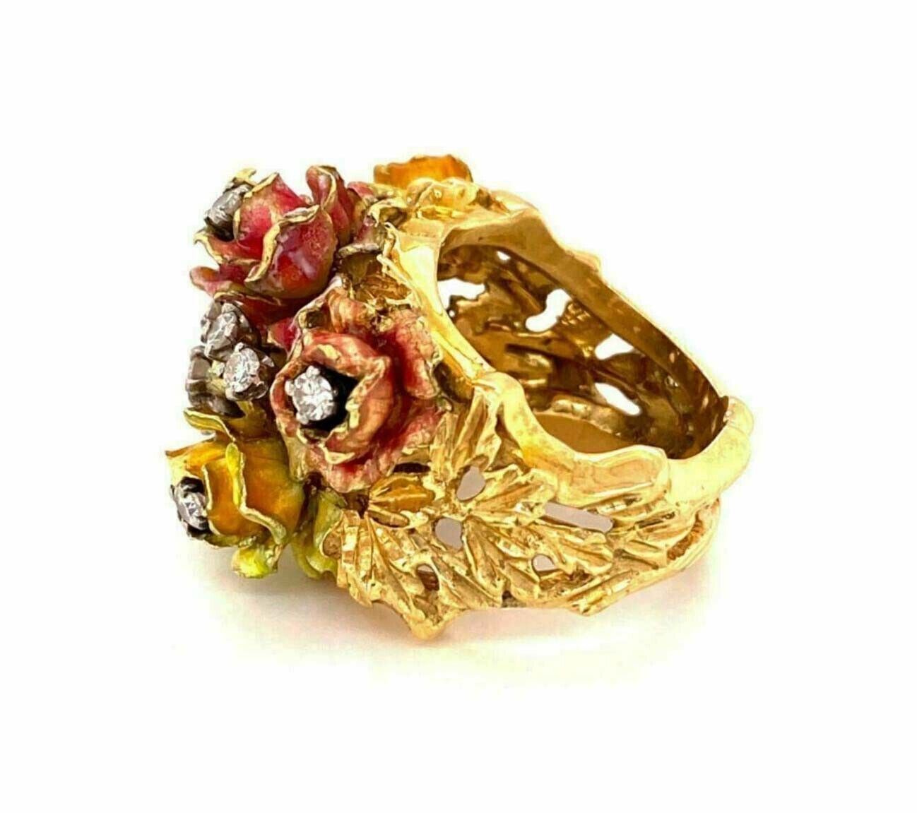 Enamel & Diamonds 18k Yellow Gold Floral Heavy Ring - Size 6