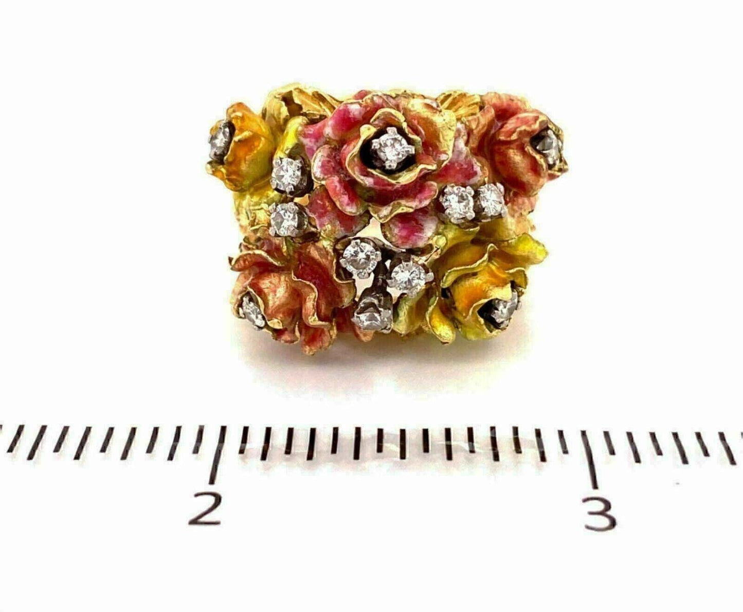 Enamel & Diamonds 18k Yellow Gold Floral Heavy Ring - Size 6