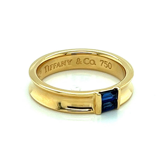 Tiffany & Co. Baguette Sapphire 18k Yellow Gold Concave Band Ring - Size 6