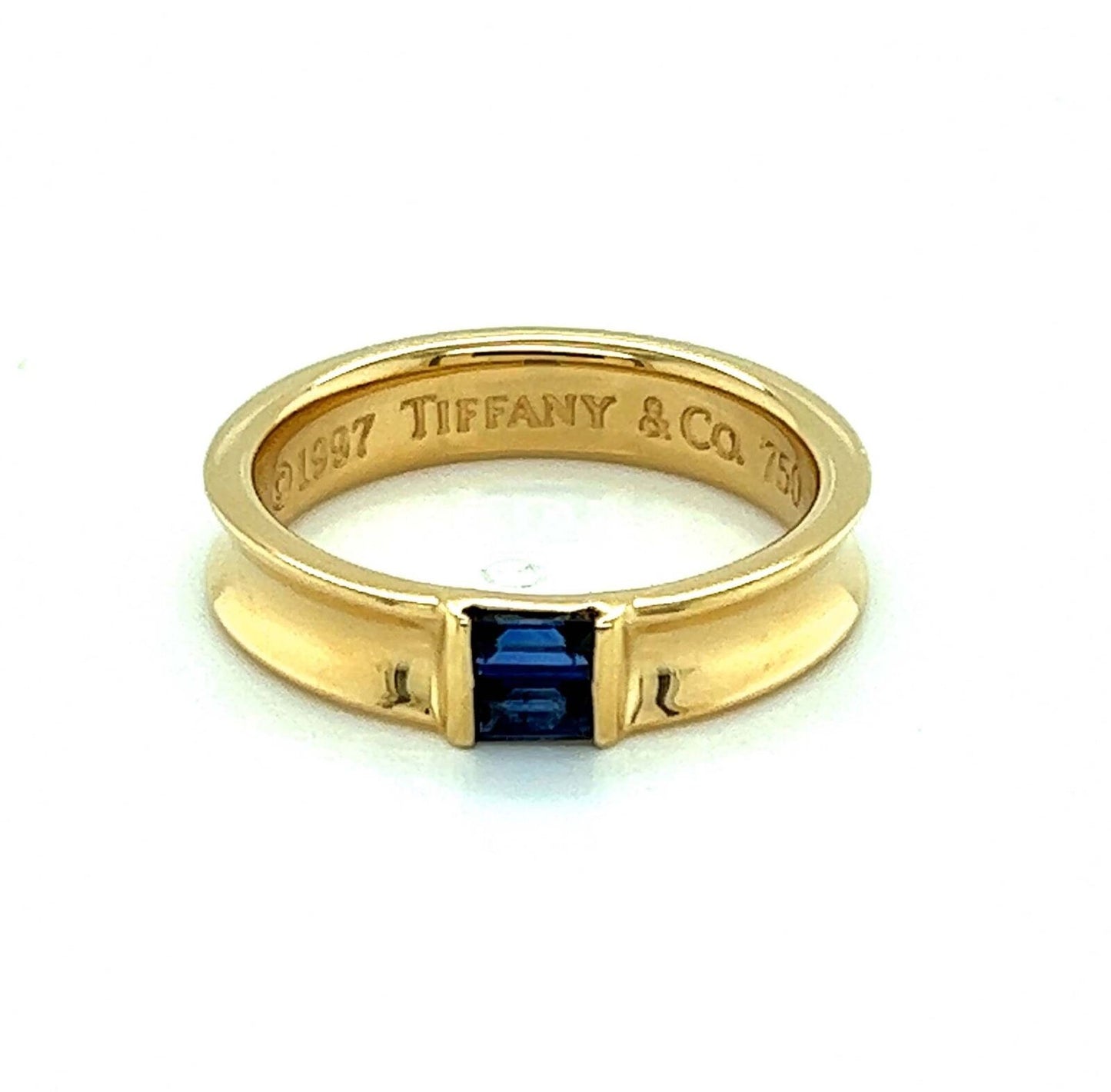 Tiffany & Co. Baguette Sapphire 18k Yellow Gold Concave Band Ring - Size 6