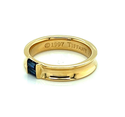 Tiffany & Co. Baguette Sapphire 18k Yellow Gold Concave Band Ring - Size 6