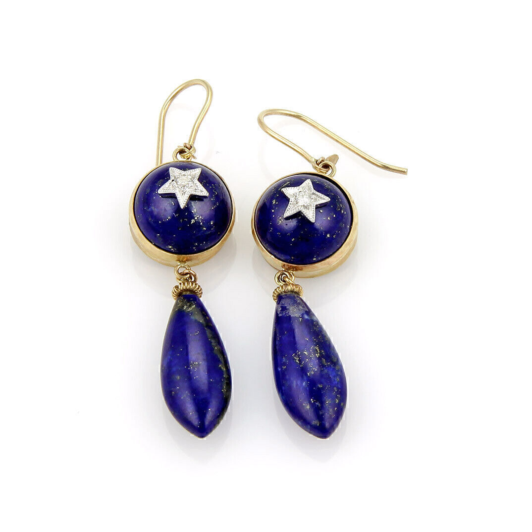 Diamond Star & Lapis 9k Two Tone Gold Drop Dangle Earrings