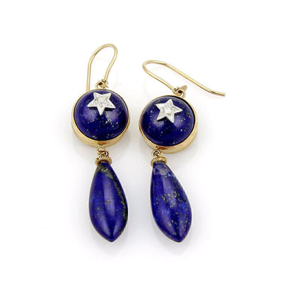 Diamond Star & Lapis 9k Two Tone Gold Drop Dangle Earrings