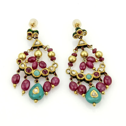 Rubies Turquoise & Enamel 22k Yellow Gold Chandelier Earrings