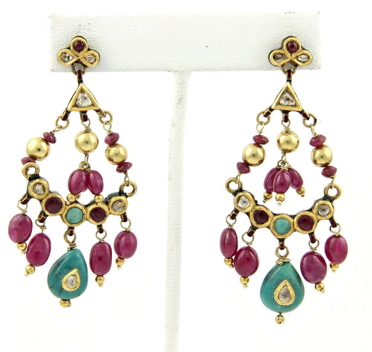 Rubies Turquoise & Enamel 22k Yellow Gold Chandelier Earrings