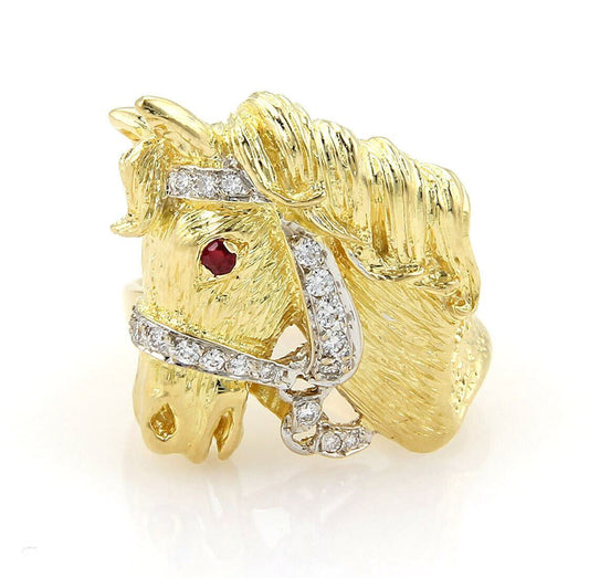 Diamonds & Ruby Horse Head 18k Yellow Gold Ring - Size 8