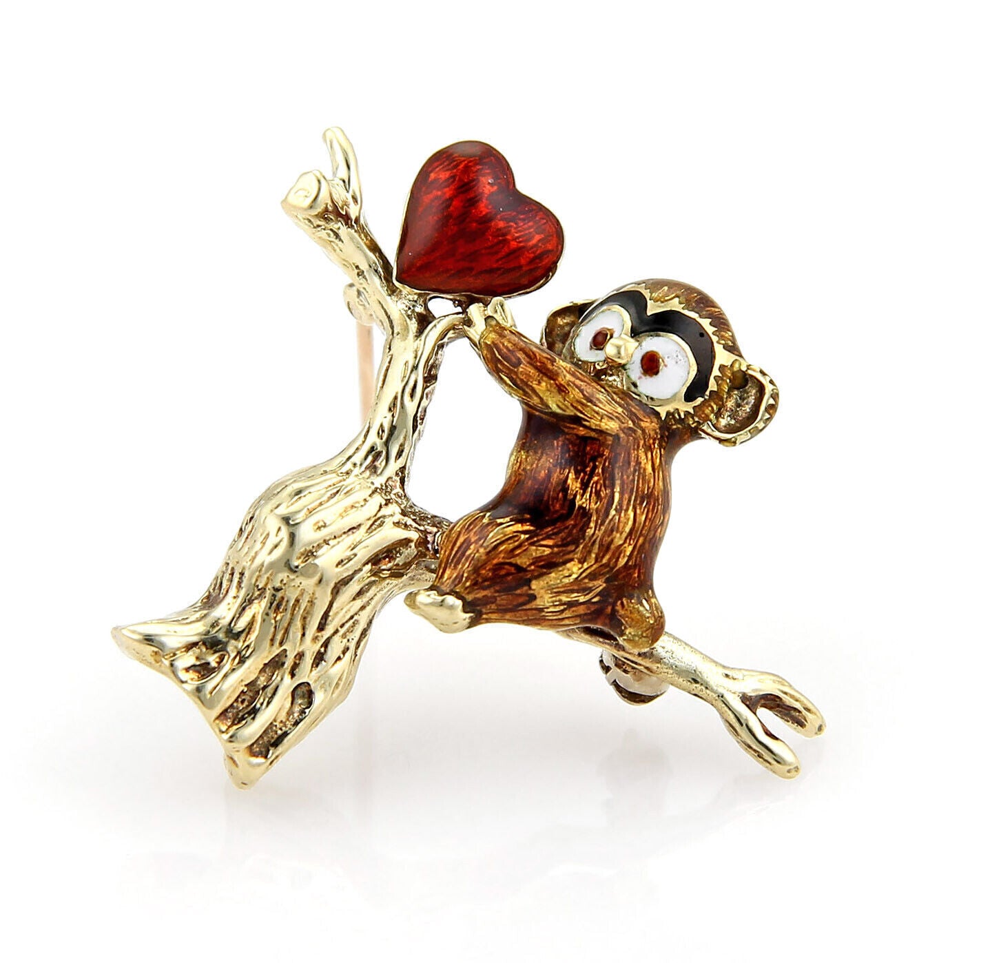 Enamel 14k Gold Baby Koala Bear In Tree & Heart Pin Brooch