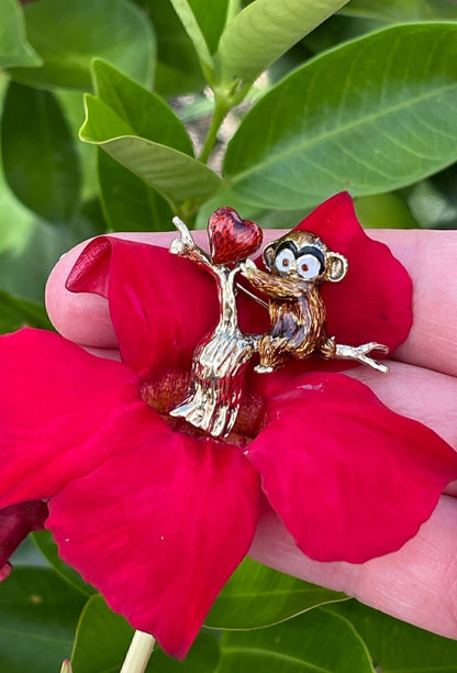 Enamel 14k Gold Baby Koala Bear In Tree & Heart Pin Brooch