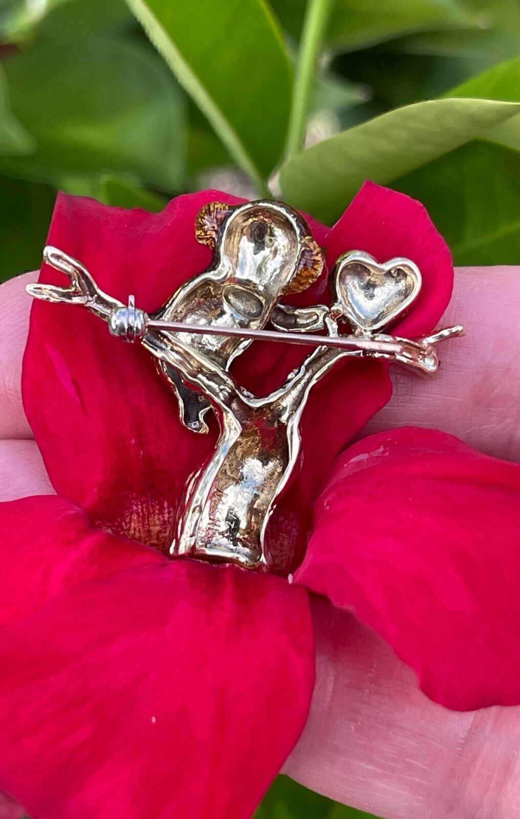 Enamel 14k Gold Baby Koala Bear In Tree & Heart Pin Brooch