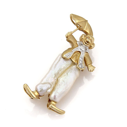 Diamond Baroque Pearls 14k Gold Clown w/Umbrella Pin Brooch