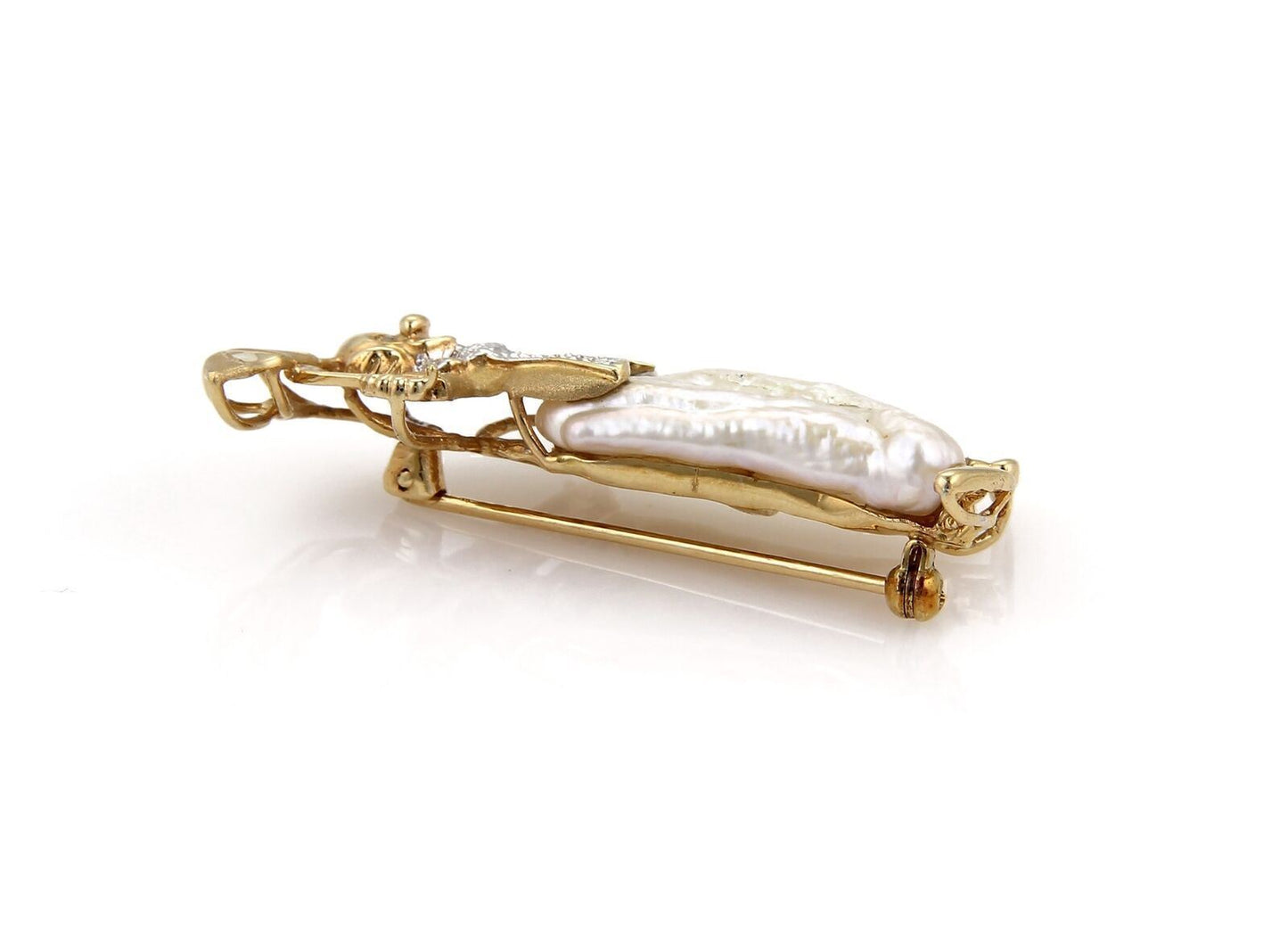 Diamond Baroque Pearls 14k Gold Clown w/Umbrella Pin Brooch