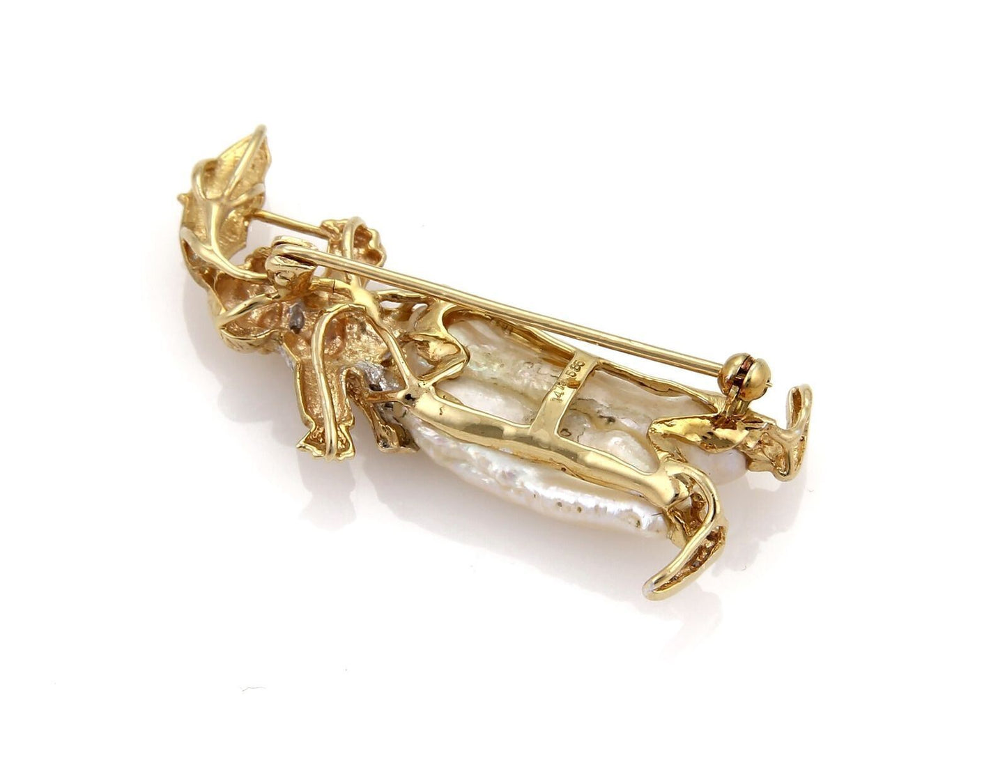 Diamond Baroque Pearls 14k Gold Clown w/Umbrella Pin Brooch