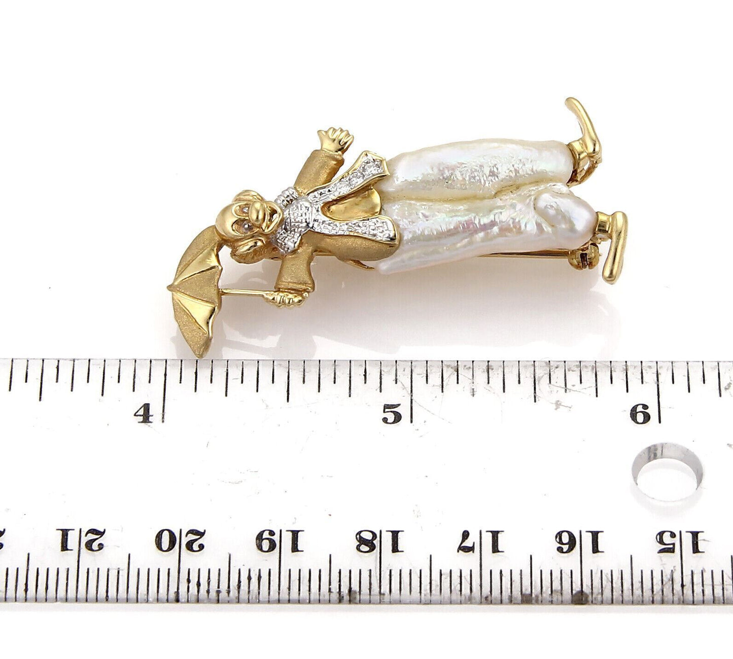 Diamond Baroque Pearls 14k Gold Clown w/Umbrella Pin Brooch