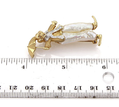 Diamond Baroque Pearls 14k Gold Clown w/Umbrella Pin Brooch