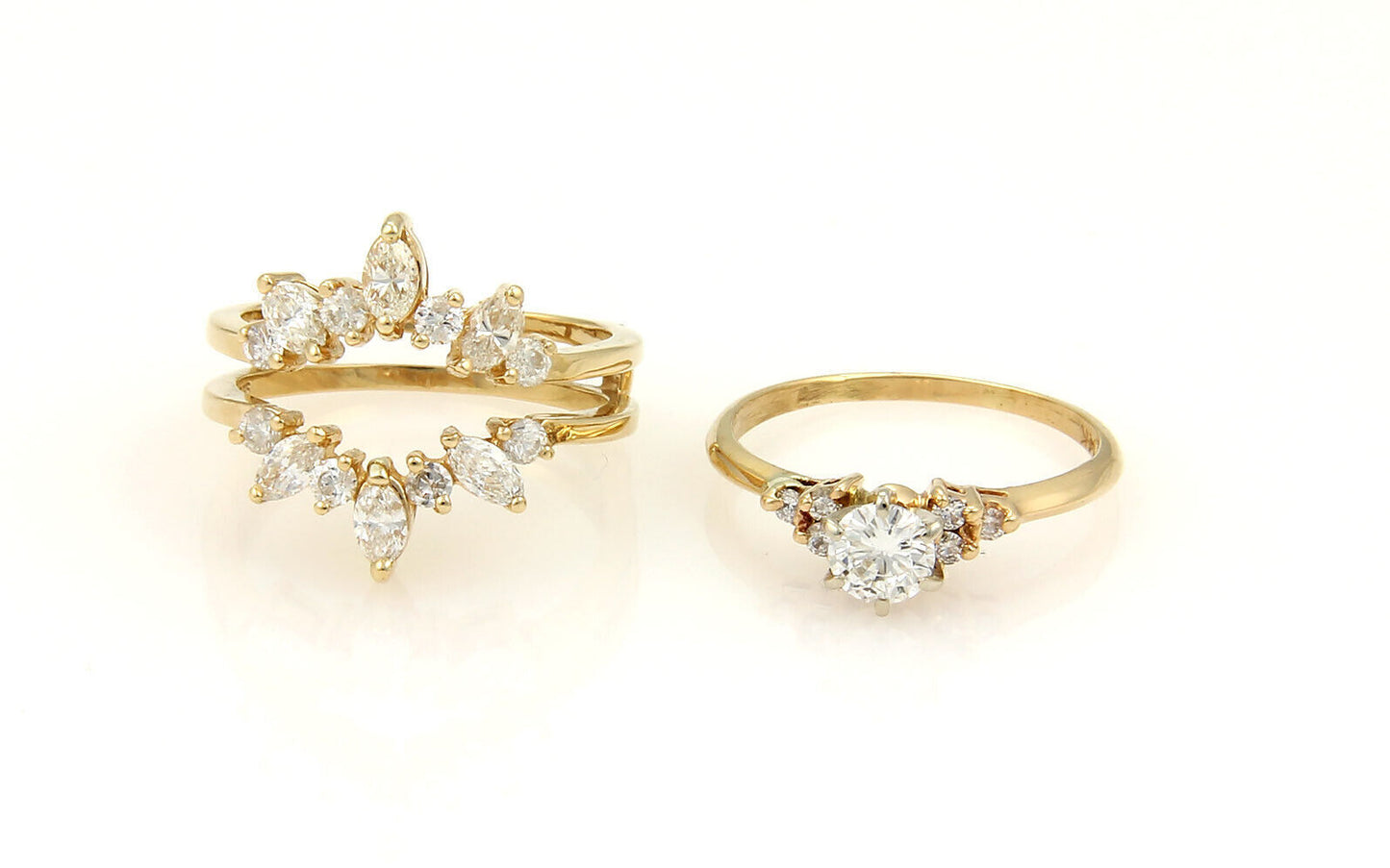 Solitaire & Insert Diamond 14k Yellow Gold Set of Round & Marquise Ring - Size 7