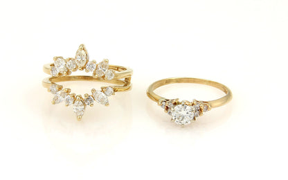 Solitaire & Insert Diamond 14k Yellow Gold Set of Round & Marquise Ring - Size 7