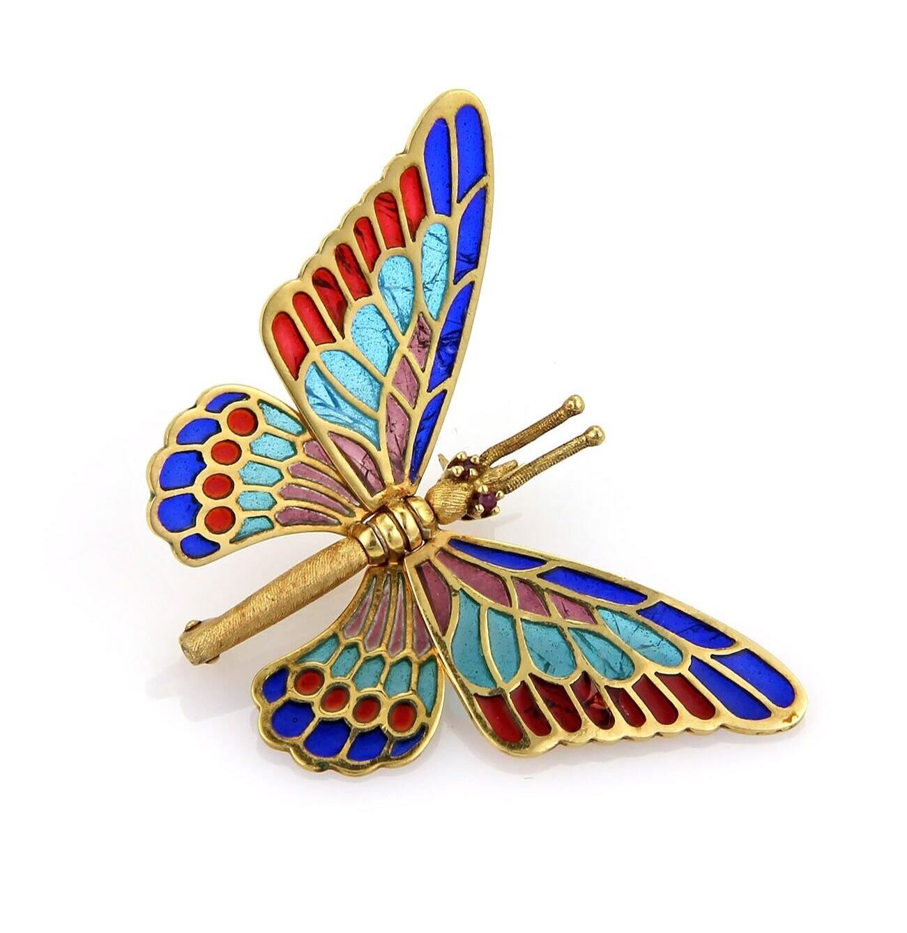 Multi-Color Enamel Plique-a-Jour Movable Butterfly 18k Gold Pin Brooch