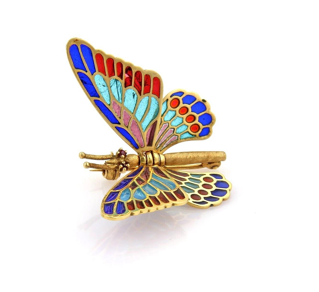 Multi-Color Enamel Plique-a-Jour Movable Butterfly 18k Gold Pin Brooch