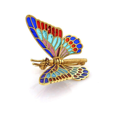 Multi-Color Enamel Plique-a-Jour Movable Butterfly 18k Gold Pin Brooch