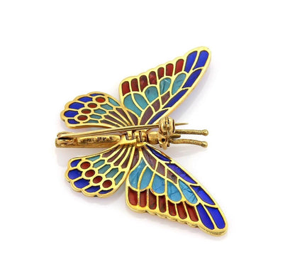 Multi-Color Enamel Plique-a-Jour Movable Butterfly 18k Gold Pin Brooch