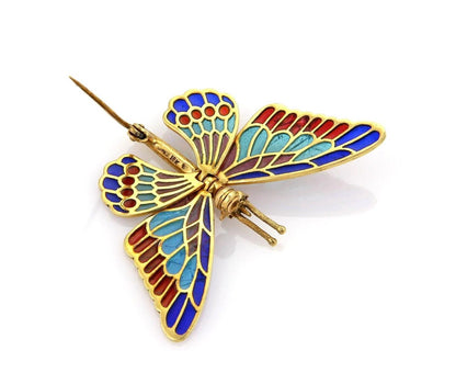 Multi-Color Enamel Plique-a-Jour Movable Butterfly 18k Gold Pin Brooch