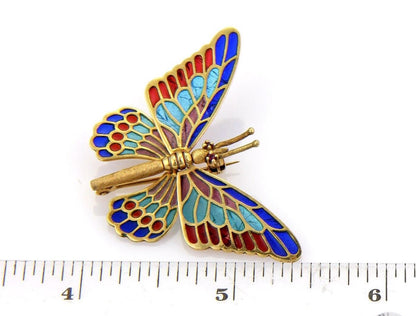 Multi-Color Enamel Plique-a-Jour Movable Butterfly 18k Gold Pin Brooch