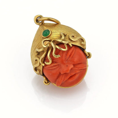 Emerald & Carved Coral 18k Yellow Gold Double Side Warrior Face Charm Pendant