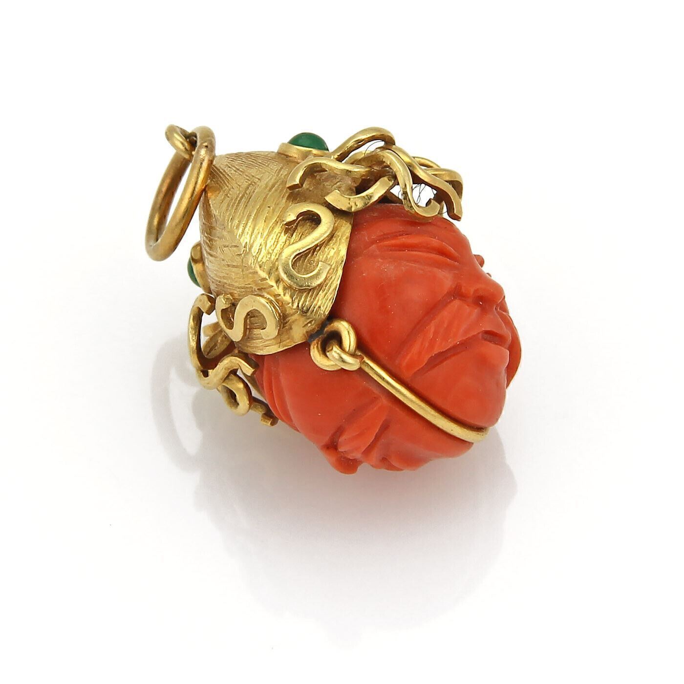 Emerald & Carved Coral 18k Yellow Gold Double Side Warrior Face Charm Pendant
