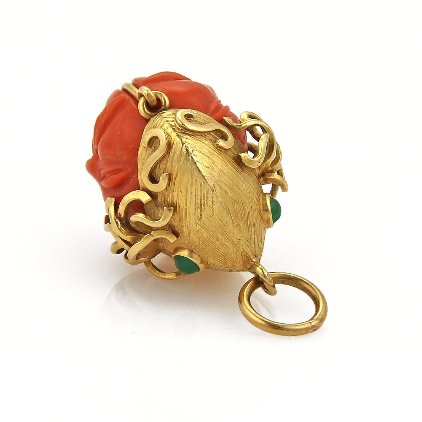Emerald & Carved Coral 18k Yellow Gold Double Side Warrior Face Charm Pendant