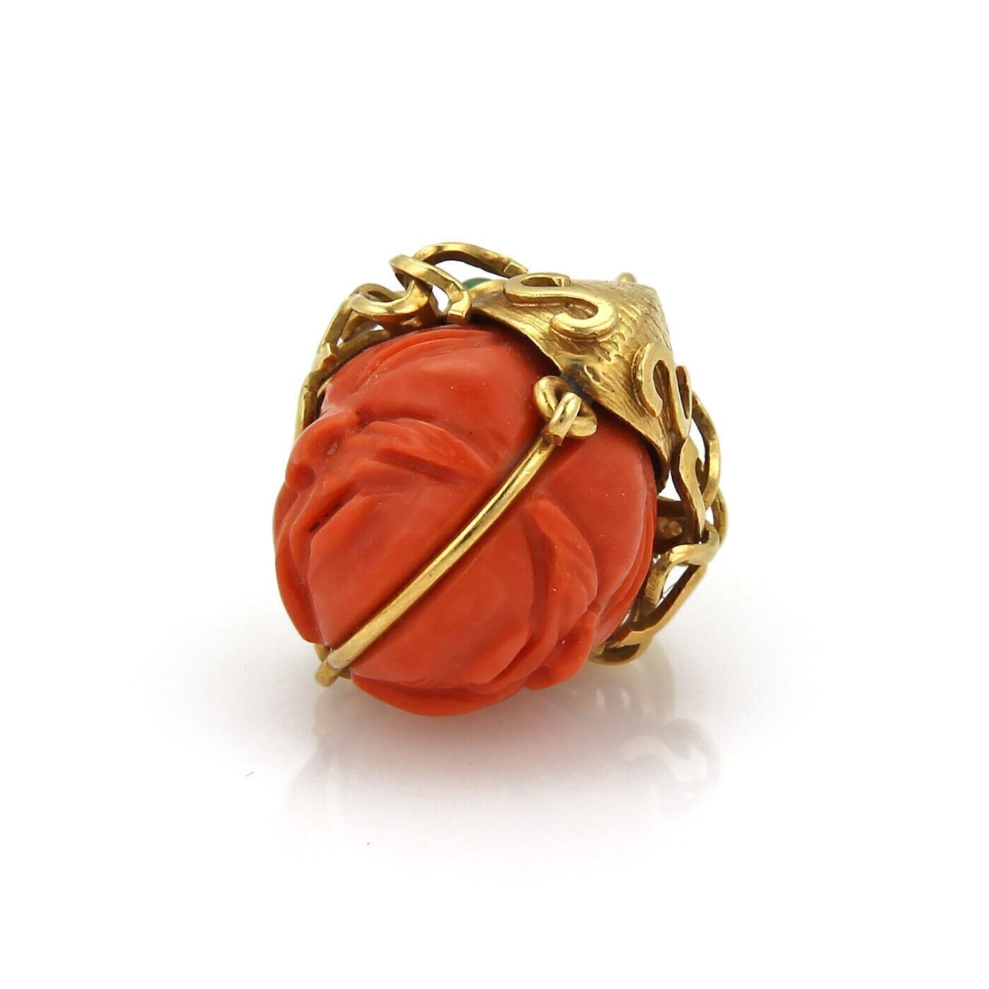 Emerald & Carved Coral 18k Yellow Gold Double Side Warrior Face Charm Pendant