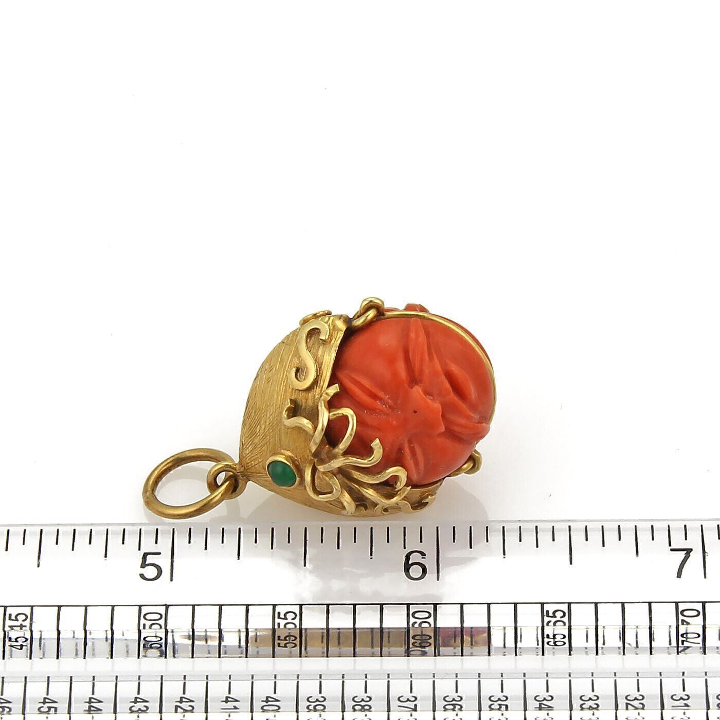 Emerald & Carved Coral 18k Yellow Gold Double Side Warrior Face Charm Pendant