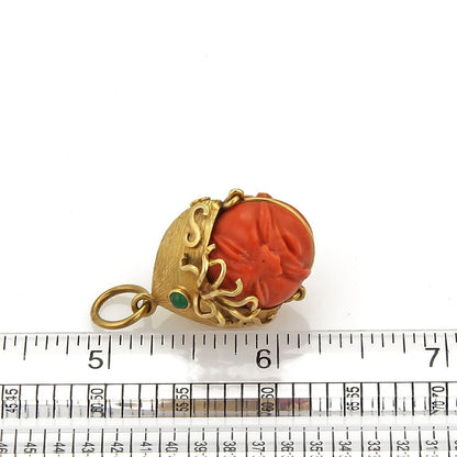 Emerald & Carved Coral 18k Yellow Gold Double Side Warrior Face Charm Pendant