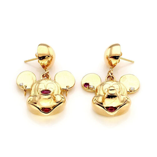 Mickey & Minnie Mouse Diamond Rubies 18k Yellow Gold Drop Dangle Earrings