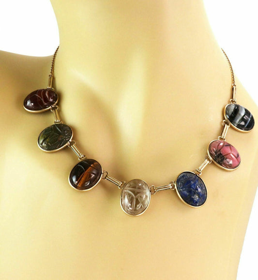 Oval Multicolor Carved Gemstone 14k Yellow Gold Scarab Necklace