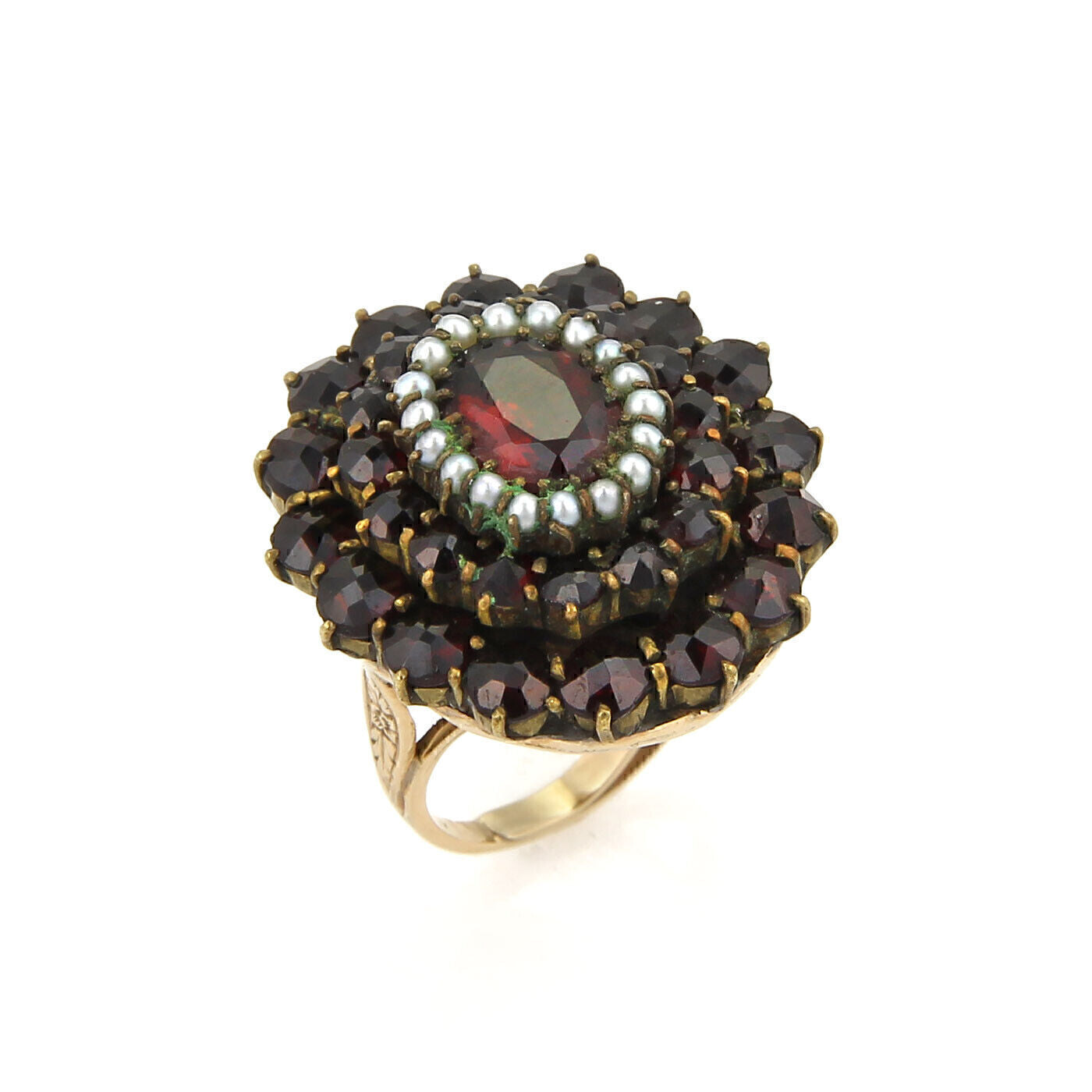 Garnet & Seed Pearls 14k Yellow Gold Cluster Ring - Size 4
