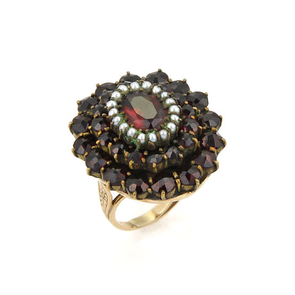 Garnet & Seed Pearls 14k Yellow Gold Cluster Ring - Size 4