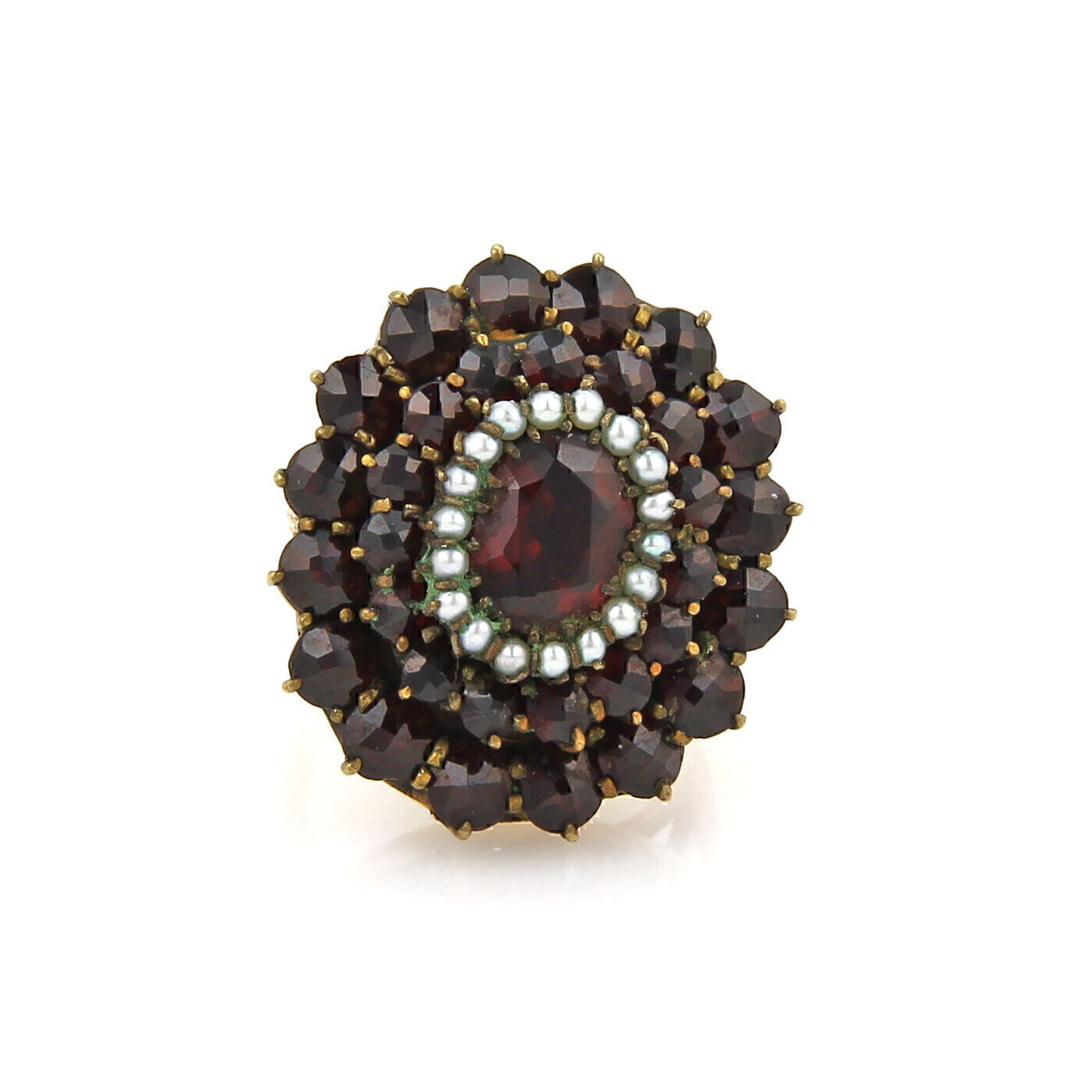 Garnet & Seed Pearls 14k Yellow Gold Cluster Ring - Size 4