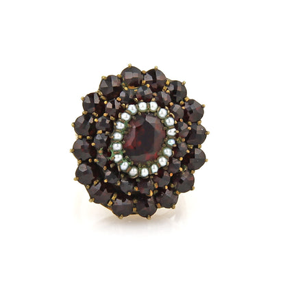 Garnet & Seed Pearls 14k Yellow Gold Cluster Ring - Size 4