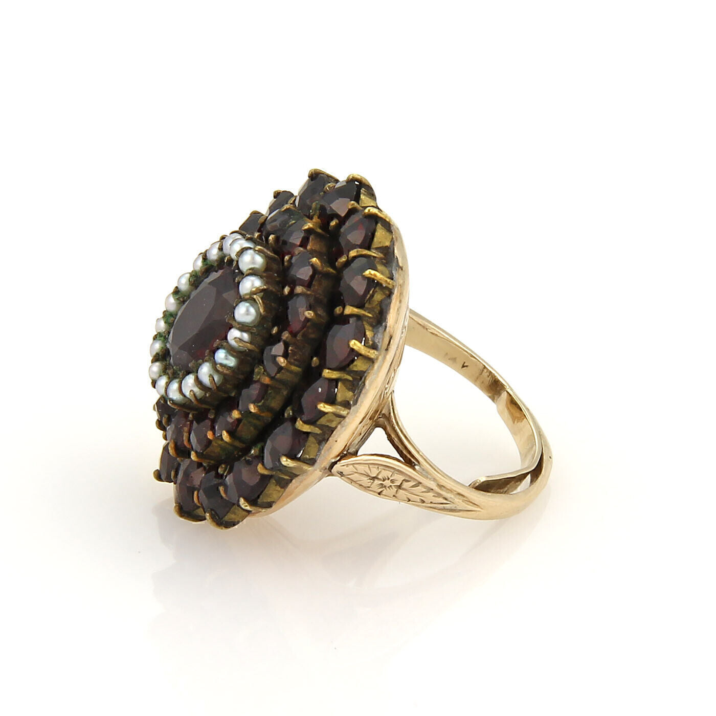 Garnet & Seed Pearls 14k Yellow Gold Cluster Ring - Size 4
