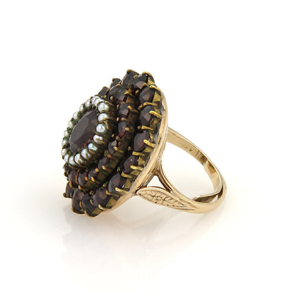 Garnet & Seed Pearls 14k Yellow Gold Cluster Ring - Size 4