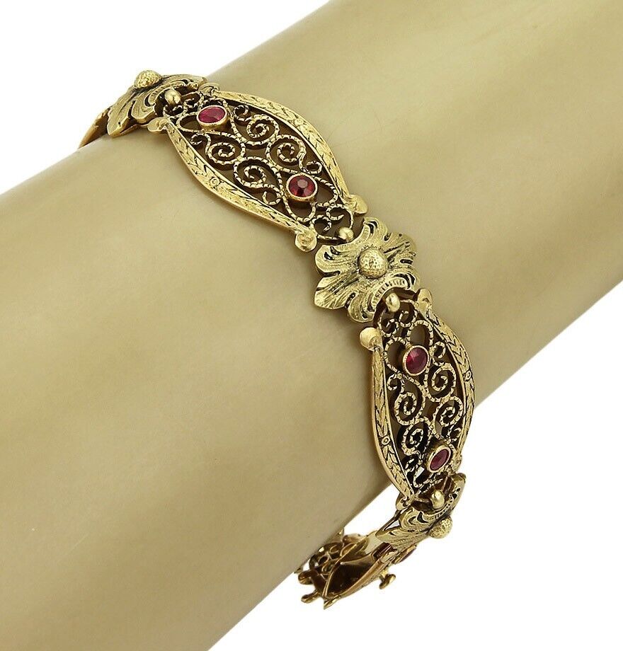 Antique Fancy Long Floral 18 Yellow Gold & Red Stones Open Link Bracelet