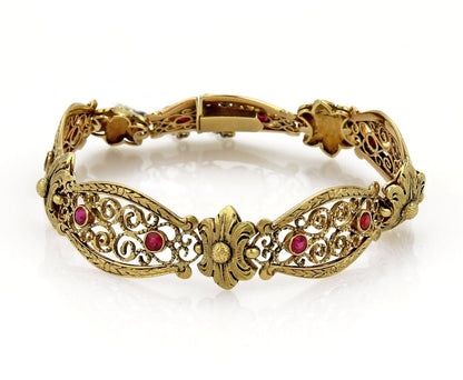 Antique Fancy Long Floral 18 Yellow Gold & Red Stones Open Link Bracelet