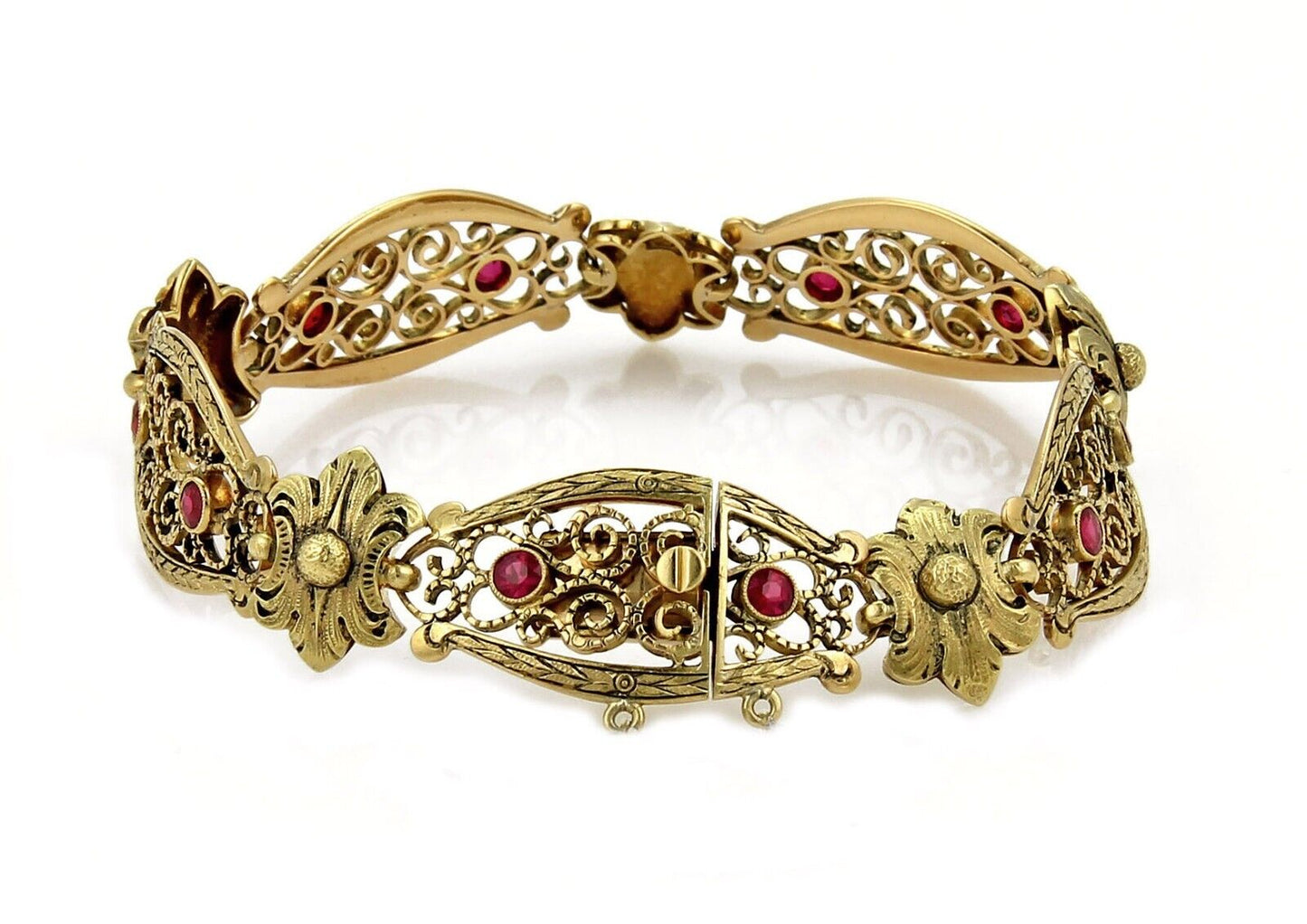 Antique Fancy Long Floral 18 Yellow Gold & Red Stones Open Link Bracelet