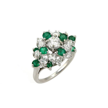 Diamond & Emerald 14k White Gold Cluster Ring - Size 6