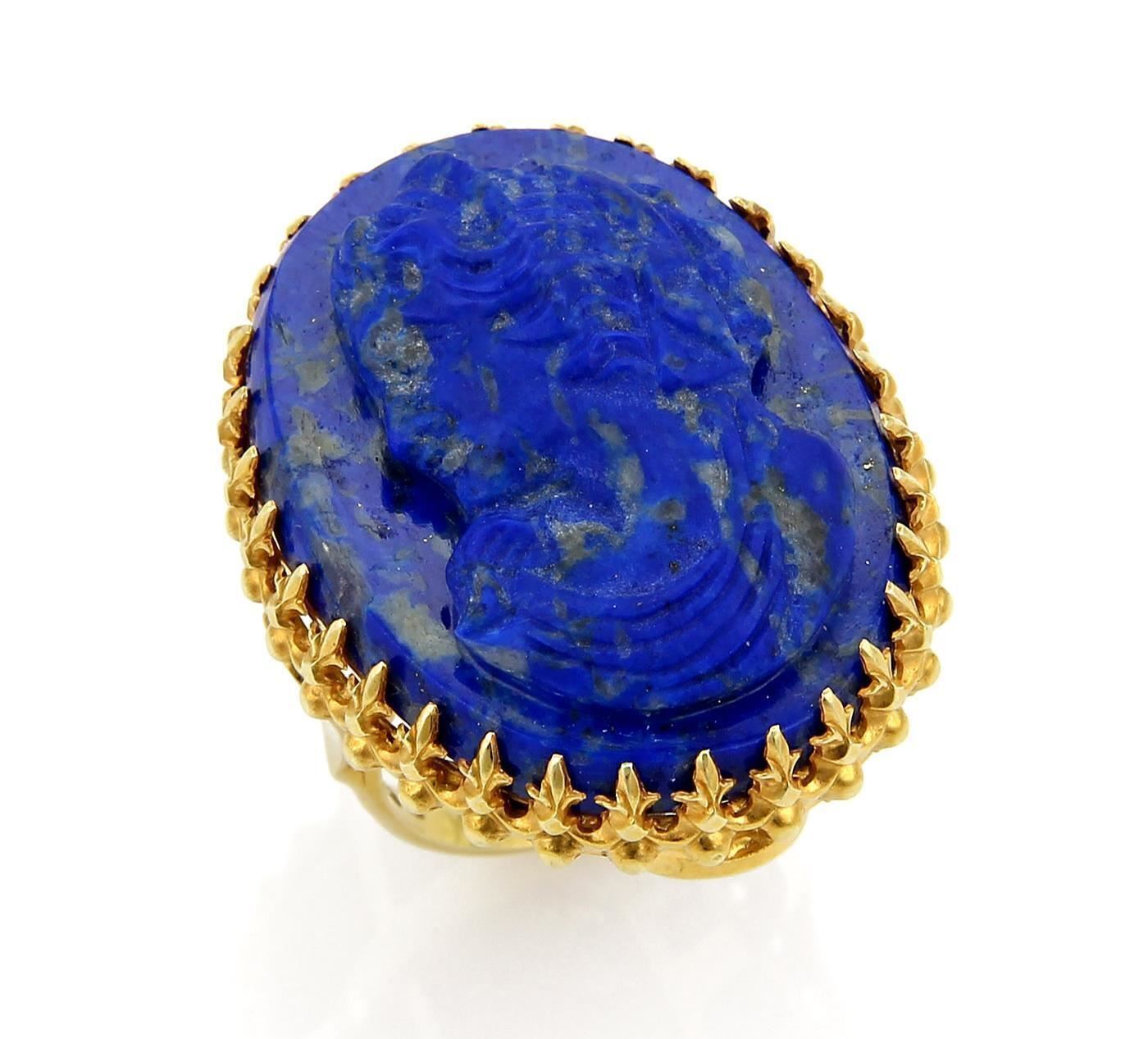 Carved Lapis Girl Cameo 14k Yellow Gold Ring - Size 7